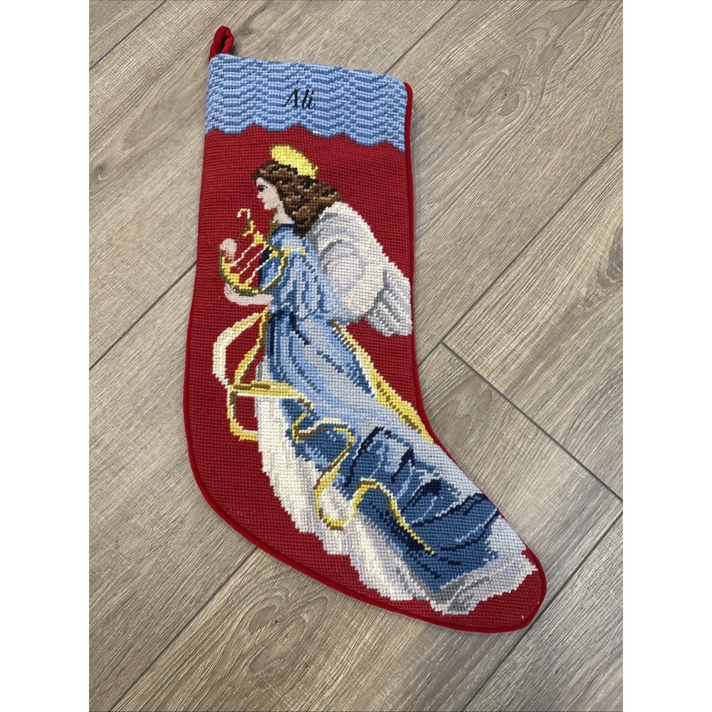 Land's‎ End Needlepoint Wool Christmas Stocking Customized ALI 18" Angel VGT
